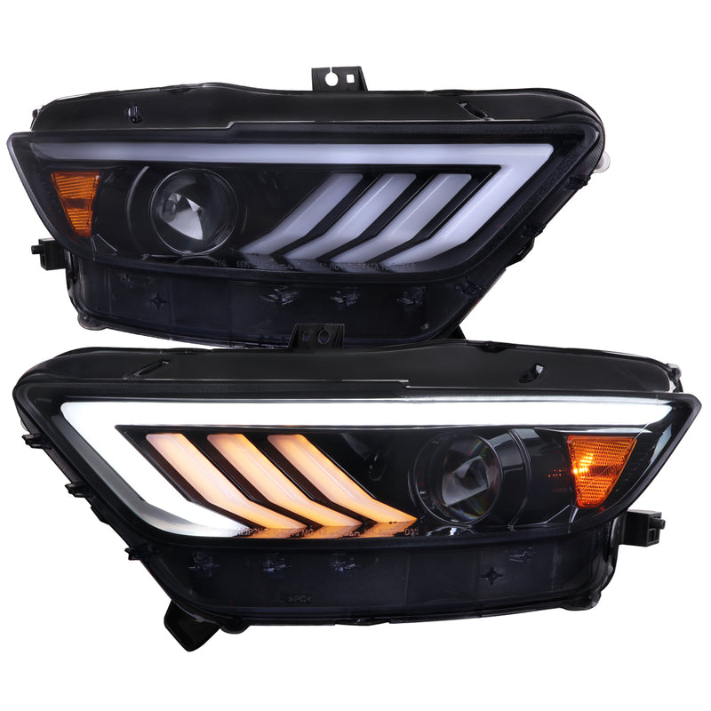 Spec-D 15-17 Ford Mustang Hid Projetor Headlights Glossy Black Housing Smoke Lens - Sequential Turn Signal And Drl Led Bar - Use Stock Hid Components And Bulbs 2LHP-MST15G-SQ-TM