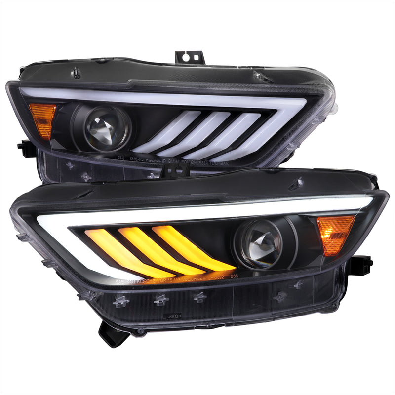 Spec-D 15-17 Ford Mustang Hid Projetor Headlights Matte Black Housing Clear Lens - Sequential Turn Signal And Drl Led Bar - Use Stock Hid Components And Bulbs 2LHP-MST15JM-SQ-TM