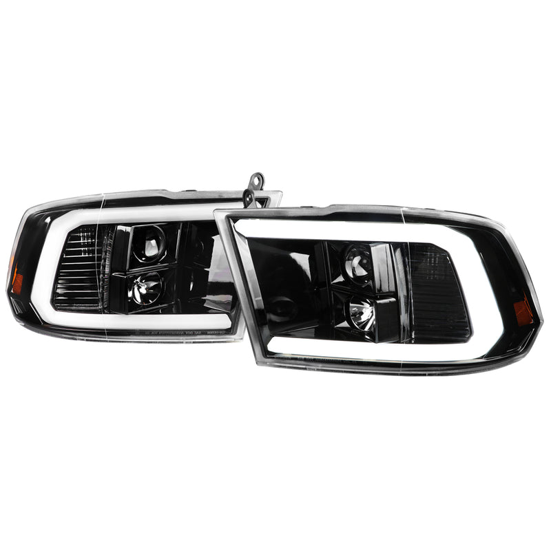 Spec-D 09-18 Dodge Ram Light Bar Style Projector Headlights-Full Glossy Black Housing With Clear Lens 2LHP-RAM09BK-G2-TM