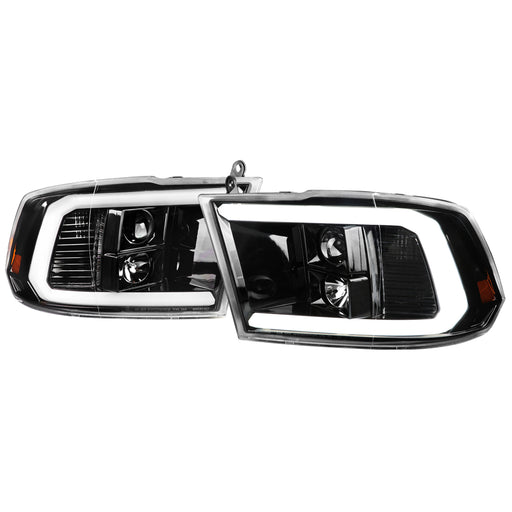 Spec-D 09-18 Dodge Ram Light Bar Style Projector Headlights-Full Glossy Black Housing With Clear Lens 2LHP-RAM09BK-G2-TM