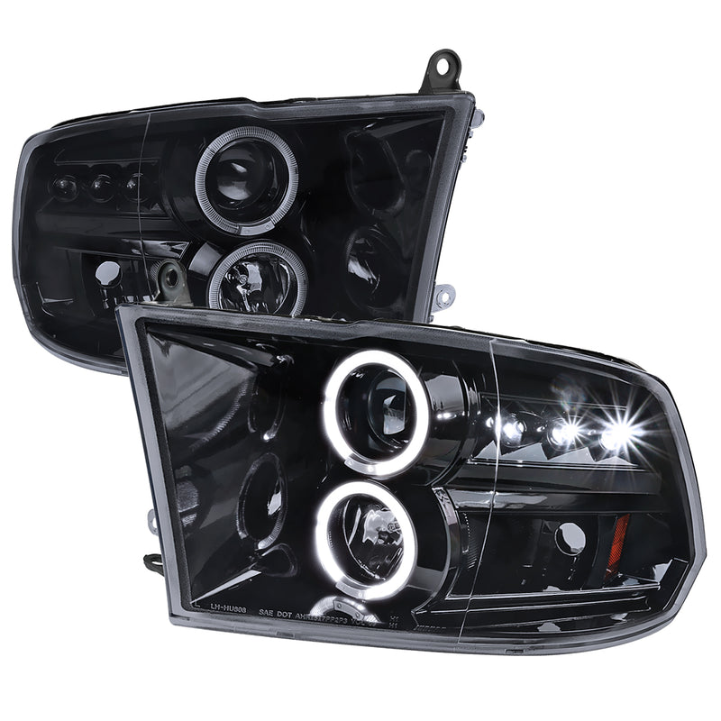 Spec-D 09-18 Dodge  Ram  Halo Led Projector Headlight Gloss Black Housing Smoke Lens 2LHP-RAM09G-TM