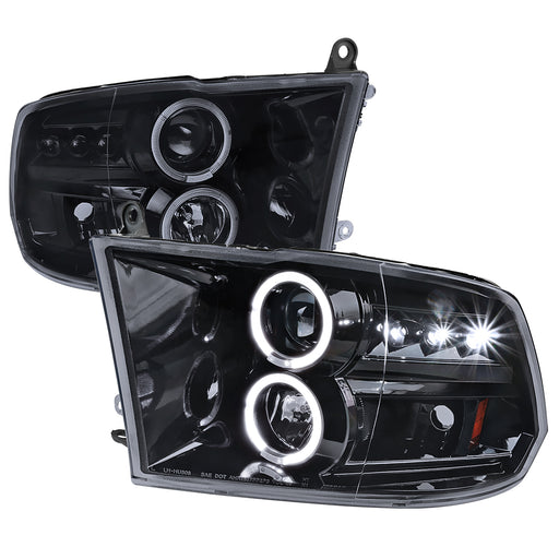 Spec-D 09-18 Dodge  Ram  Halo Led Projector Headlight Gloss Black Housing Smoke Lens 2LHP-RAM09G-TM