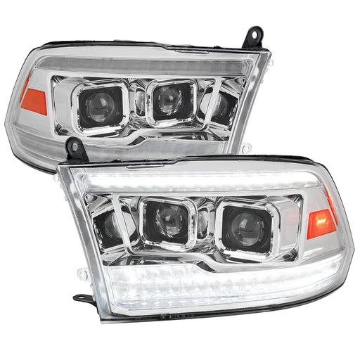 Spec-D 09-18 Dodge Ram Projector Headlights With Chrome Housing And Clear Lens - Sequential Switchback Led Light Bar 2LHP-RAM09G7-SQ-RS