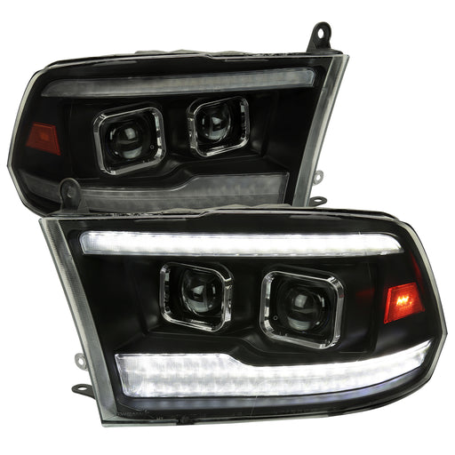 Spec-D 09-18 Dodge Ram Projector Headlights With Black Housing And Smoked Lens - Sequential Switchback Led Light Bar 2LHP-RAM09SMG7-SQ-RS