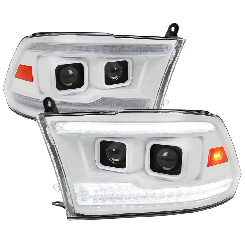 Spec-D 09-19 Dodge Ram Projector Headlights With Led Bar White Housing And Clear Lens - Facelift Style - Amber Reflector -  Switchback Led Light Bar - Led Sequential Signal - Breathing Light Effect 2LHP-RAM09XEG7-SQ-RS