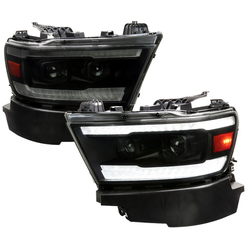 Spec-D 19-21 Dodge Ram 1500 Projector Headlights Matte Black Housing And Smoked Lens Amber Reflector With Switchback Led Sequential Turn Signal Breathing Light Effect 2LHP-RAM1915SM-SQ-RS