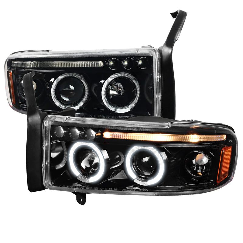 Spec-D 94-01 Dodge Ram Halo Projector Headlights- Glossy Black With Clear Lens 2LHP-RAM94BK-TM