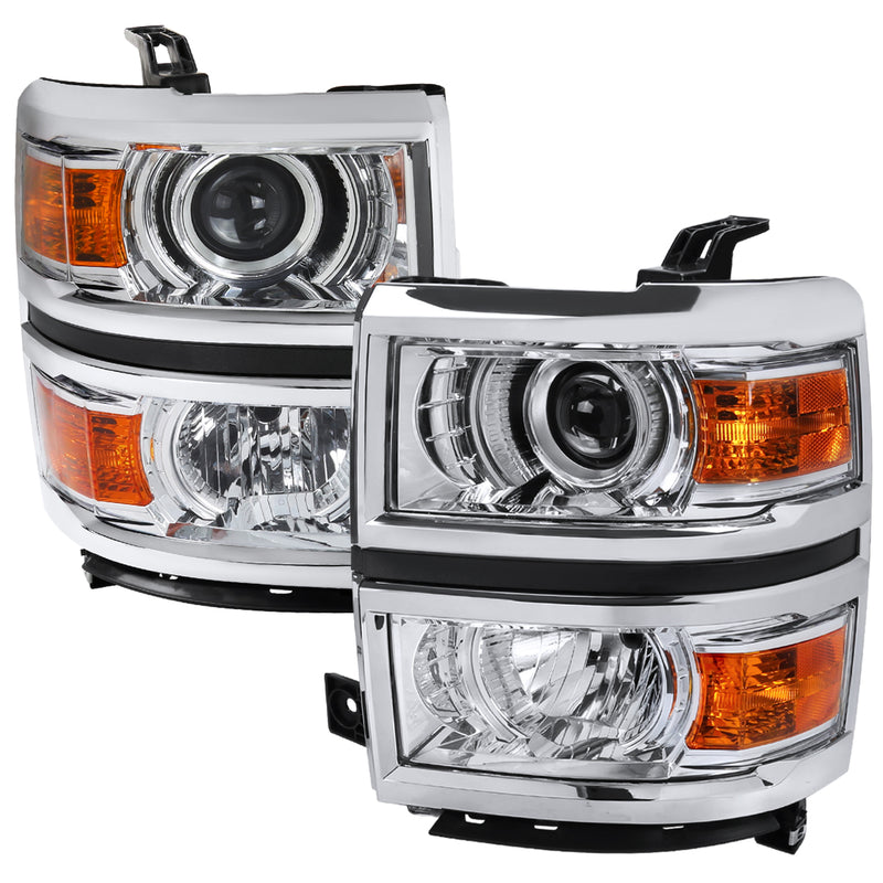 Spec-D 14-15 Chevrolet Silverado Projector Headlight With Amber Corners- Chrome Housing With Clear Lens 2LHP-SIV14-C-GO