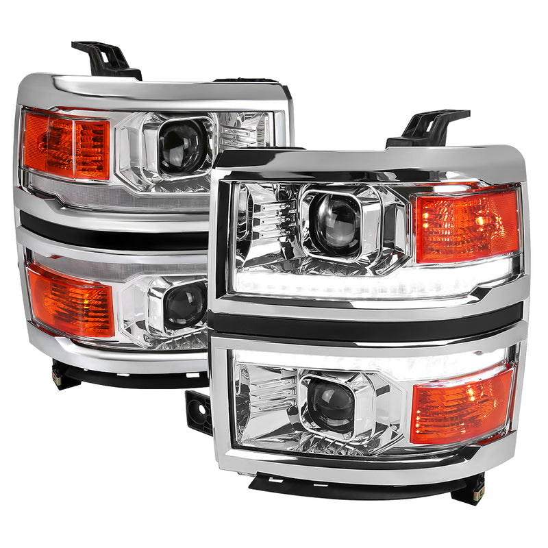 Spec-D 14-15 Chevrolet Silverado 1500 Projector Headlights With Chrome Trim Chrome Housing Clear Lens And Amber Reflector With Sequential Turn Signal 2LHP-SIV14-C-SQ-RS