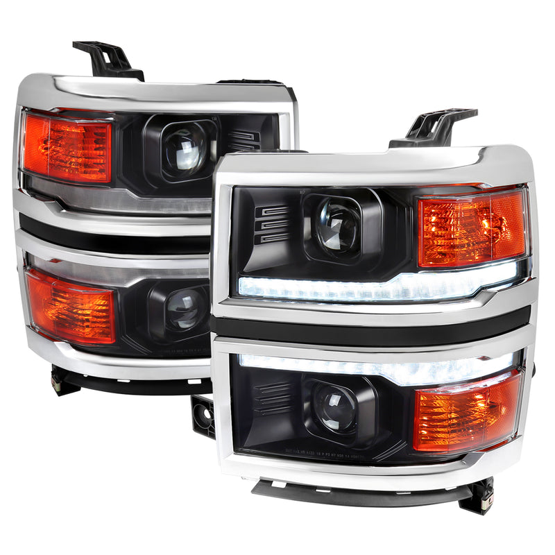 Spec-D 14-15 Chevrolet Silverado 1500 Projector Headlights With Chrome Trim Matte Black Housing Clear Lens And Amber Reflector With Sequential Turn Signal 2LHP-SIV14JM-C-SQ-RS