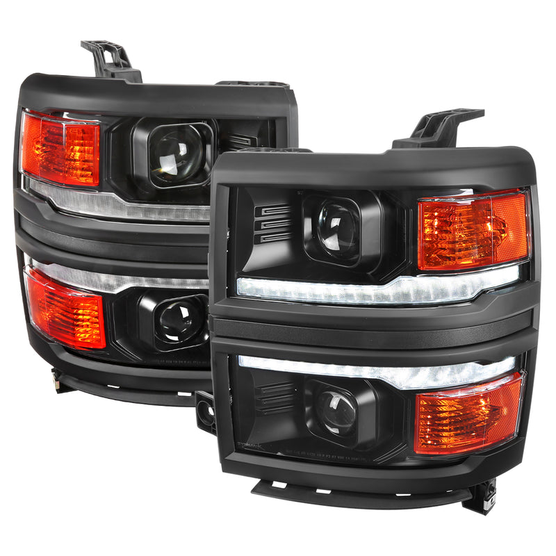 Spec-D 14-15 Chevrolet Silverado 1500 Projector Headlights With Black Trim Matte Black Housing Clear Lens And Amber Reflector With Sequential Turn Signal 2LHP-SIV14JM-SQ-RS