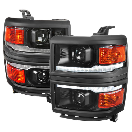 Spec-D 14-15 Chevrolet Silverado 1500 Projector Headlights With Black Trim Matte Black Housing Clear Lens And Amber Reflector With Sequential Turn Signal 2LHP-SIV14JM-SQ-RS