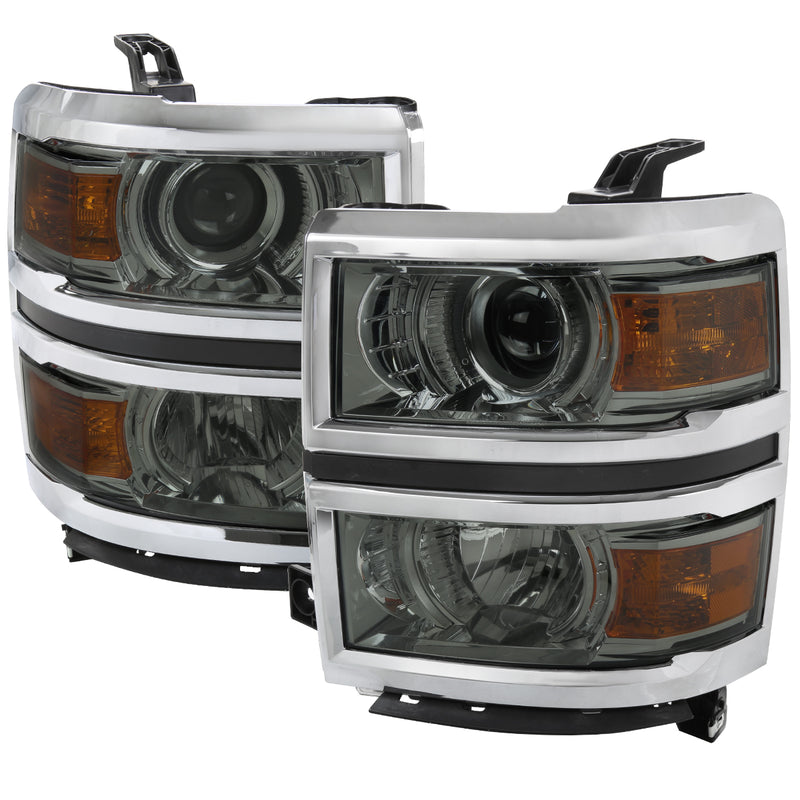 Spec-D 14-15 Chevrolet Silverado 1500 Projector Headlights Chrome Housing Light Smoked Lens With Chrome Trim - Uses Stock Bulbs 2LHP-SIV14LG-C-GO