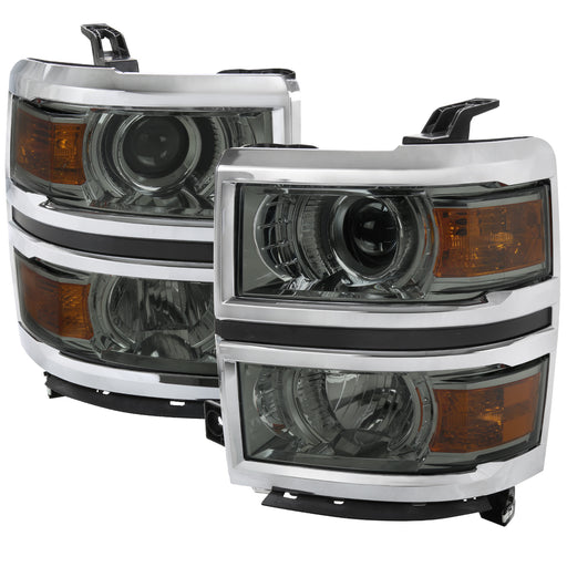 Spec-D 14-15 Chevrolet Silverado 1500 Projector Headlights Chrome Housing Light Smoked Lens With Chrome Trim - Uses Stock Bulbs 2LHP-SIV14LG-C-GO