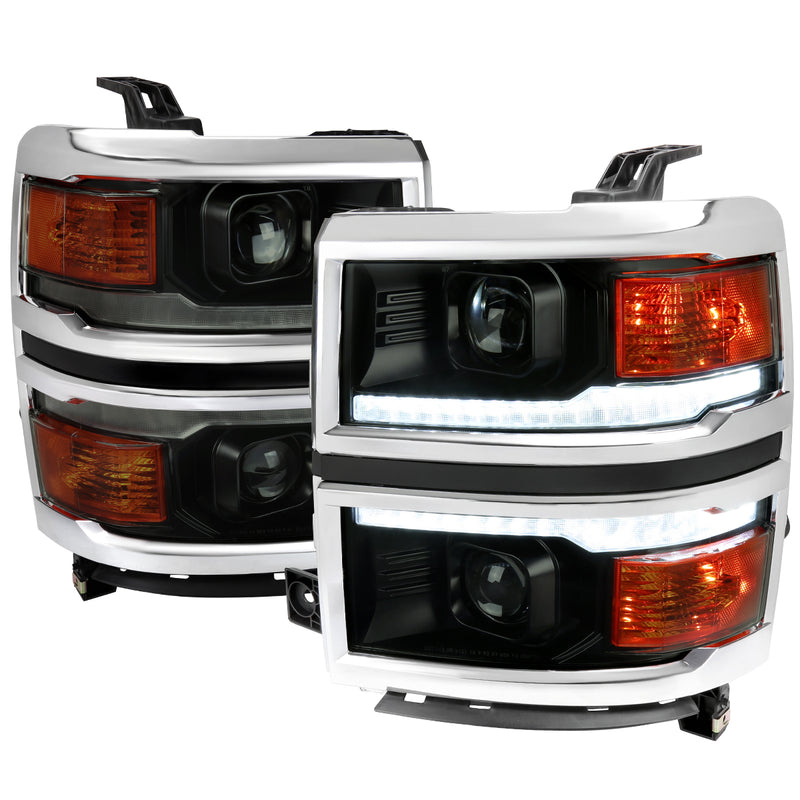 Spec-D 14-15 Chevrolet Silverado 1500 Projector Headlights With Chrome Trim Matte Black Housing Smoked Lens And Amber Reflector With Sequential Turn Signal 2LHP-SIV14SM-C-SQ-RS