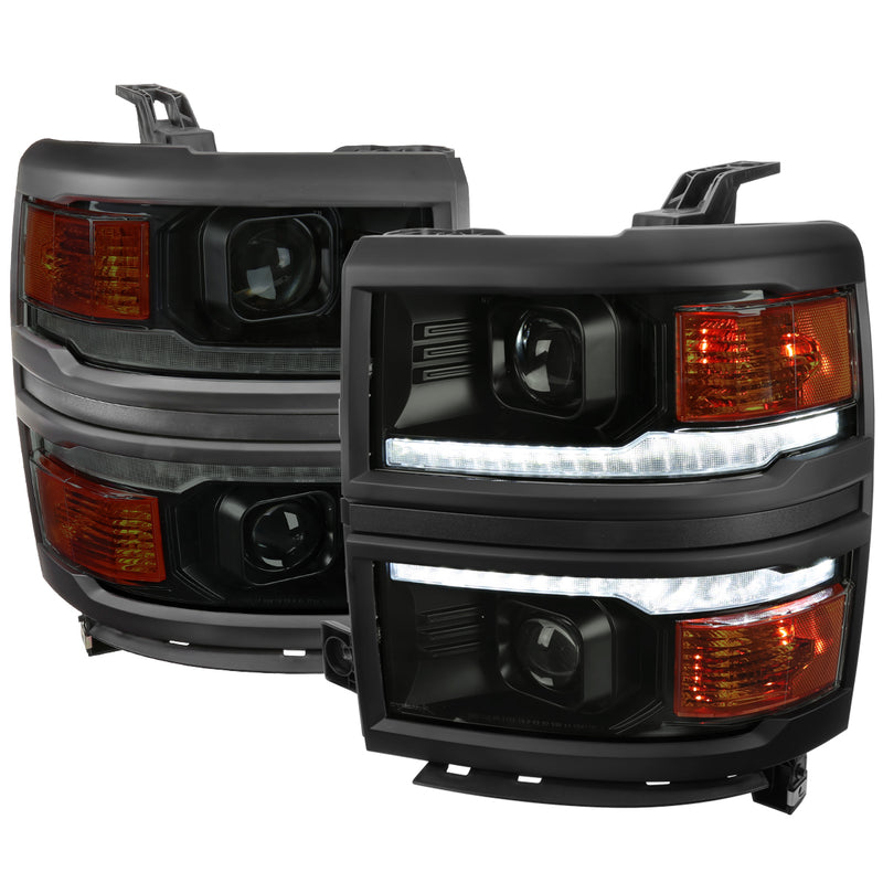 Spec-D 14-15 Chevrolet Silverado 1500 Projector Headlights With Black Trim Matte Black Housing Smoked Lens And Amber Reflector With Sequential Turn Signal 2LHP-SIV14SM-SQ-RS
