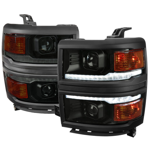 Spec-D 14-15 Chevrolet Silverado 1500 Projector Headlights With Black Trim Matte Black Housing Smoked Lens And Amber Reflector With Sequential Turn Signal 2LHP-SIV14SM-SQ-RS