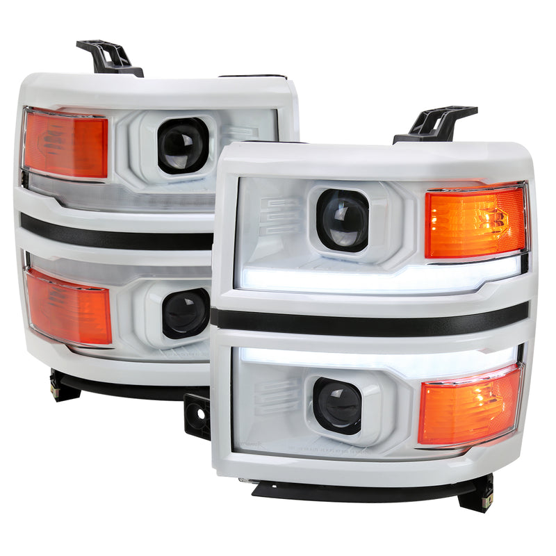 Spec-D 14-15 Chevrolet Silverado 1500 Projector Headlights With Led Bar White Housing And Clear Lens - Black Trim - Amber Reflector -  Switchback - Led Sequential Signal - Breathing Light Effect 2LHP-SIV14XE-SQ-RS