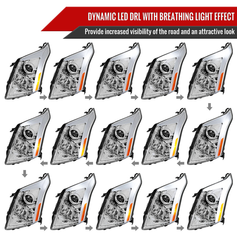 Spec-D 10-16 Cadillac Srx Led Bar Headlights Chrome Housing Clear Lens With Sequential Turn Signal And Breathing Light Effect - Uses Stock H11 Bulb 2LHP-SRX10-SQ-RS