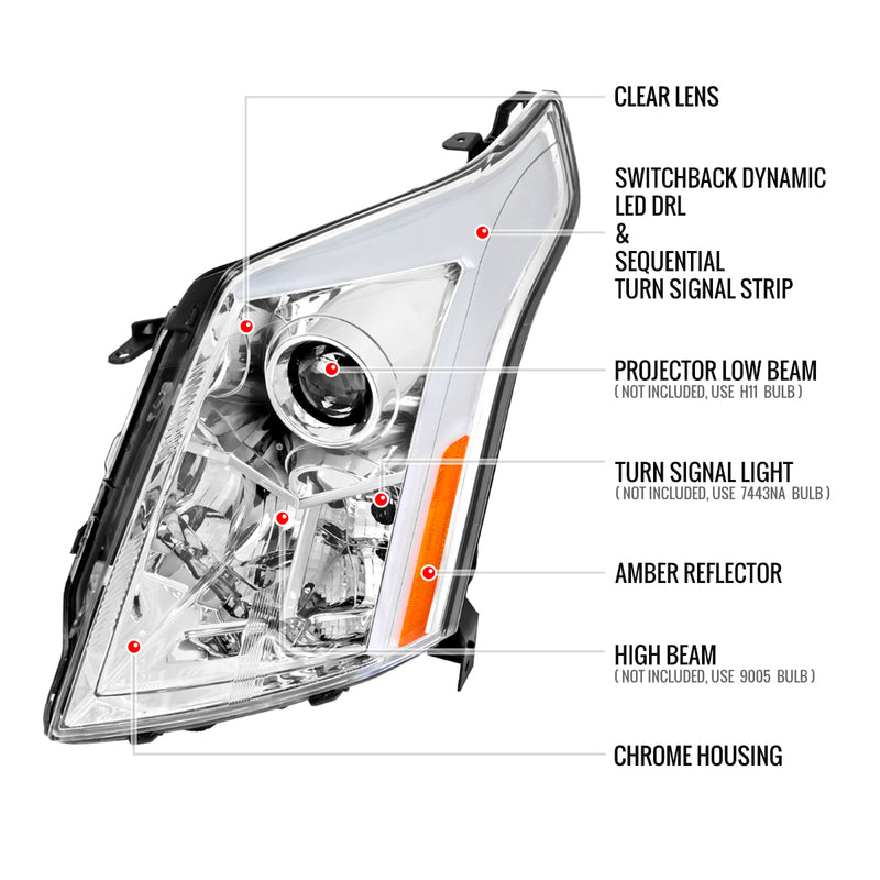 Spec-D 10-16 Cadillac Srx Led Bar Headlights Chrome Housing Clear Lens With Sequential Turn Signal And Breathing Light Effect - Uses Stock H11 Bulb 2LHP-SRX10-SQ-RS