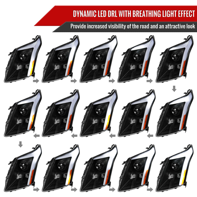 Spec-D 10-16 Cadillac Srx Led Bar Headlights Black Housing Clear Lens With Sequential Turn Signal And Breathing Light Effect - Uses Stock H11 Bulb 2LHP-SRX10JM-SQ-RS
