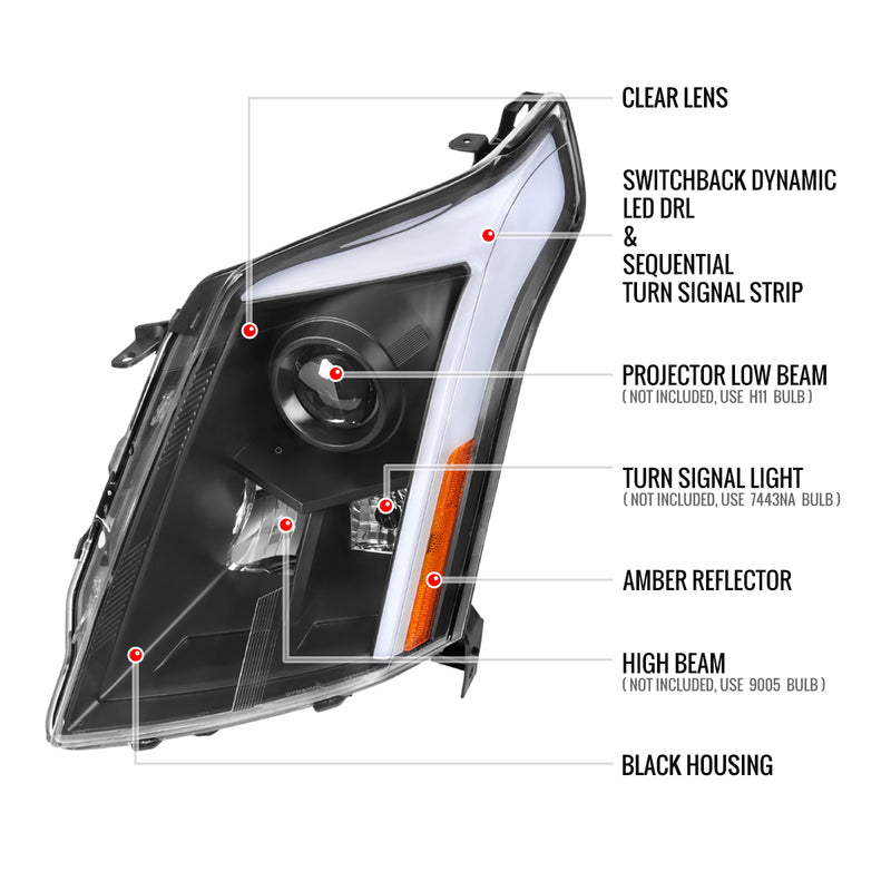 Spec-D 10-16 Cadillac Srx Led Bar Headlights Black Housing Clear Lens With Sequential Turn Signal And Breathing Light Effect - Uses Stock H11 Bulb 2LHP-SRX10JM-SQ-RS