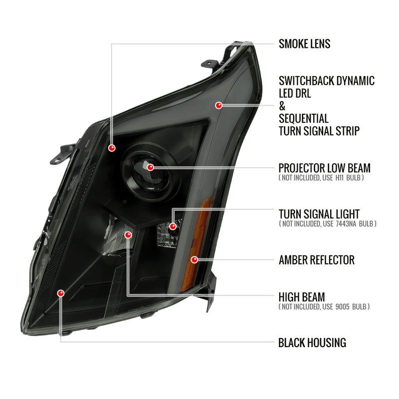 Spec-D 10-16 Cadillac Srx Led Bar Headlights Black Housing Smoked Lens With Sequential Turn Signal And Breathing Light Effect - Uses Stock H11 Bulb 2LHP-SRX10SM-SQ-RS