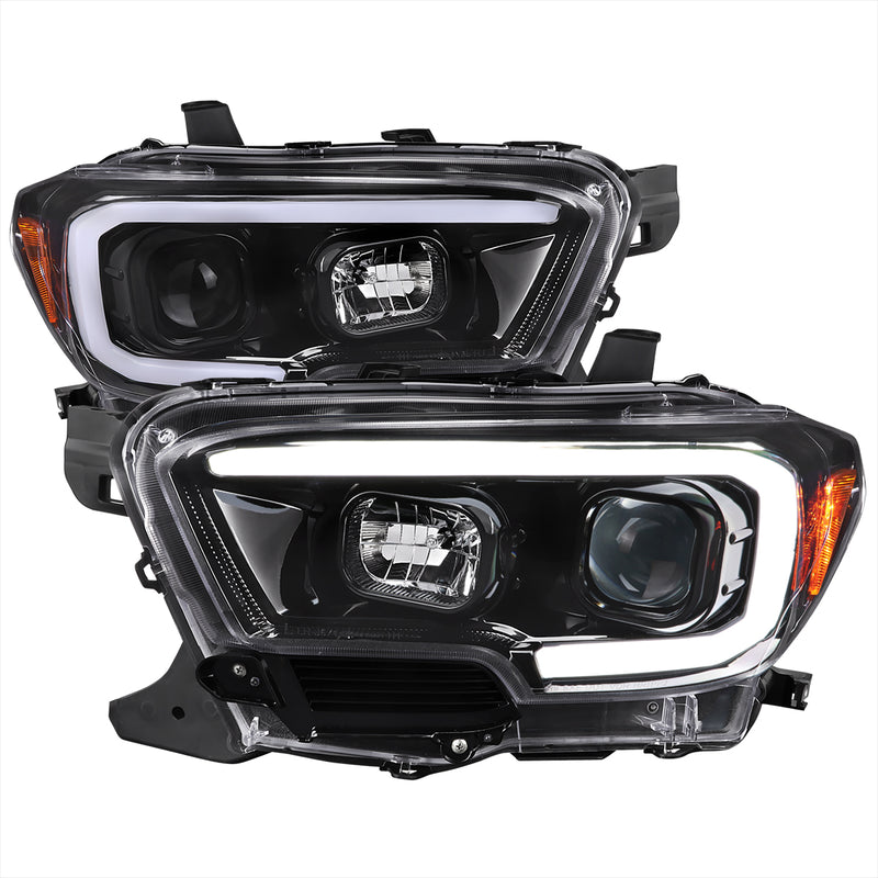 Spec-D 16-23 Toyota Tacoma Projector Headlights With Drl Led Bar Glossy Black Housing Clear Lens - Switchback Turn Signal (For Factory Halogen Headlights Models W O Led Daytime Running Only) 2LHP-TAC16BK-TM