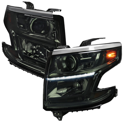 Spec-D 15-18 Chevrolet Tahoe Projector Headlight - Chrome Housing - Smoke Lens - Dual Halo 2LHP-TAH15G-GO