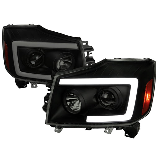 Spec-D 04-15 Nissan Titan 2004-2007 Armada Projector Headlights With Amber Corners And Sequential Turn Signal - Matte Black Housing And Smoked Lens 2LHP-TIT04SM-SQ-RS