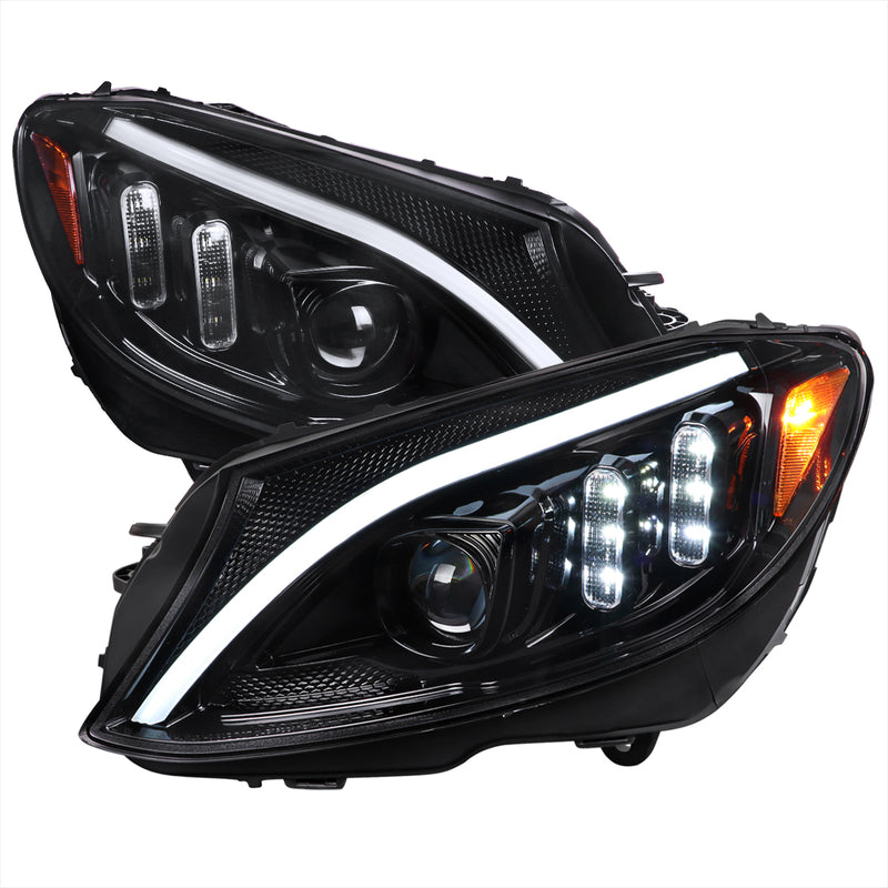 Spec-D 15-18 Mercedes W205 C-Class Projector Headlights Glossy Black Housing And Clear Lens - Sequential Turn Signal - Halogen Models Only  2LHP-W20515BK-SQ-TM