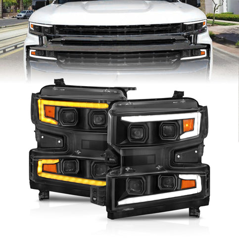 ANZO 19-22 Chevrolet Silverado 1500 LED Proj HL w/Lgt Bar SwBk Seq. Blk w/In. Light (Driver & Passenger Side)