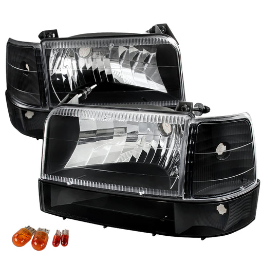 Spec-D 92-96 Ford F150 Euro Headlight Black Housing With Bumper And Corner Lights LBCLH-F15092JM-RS