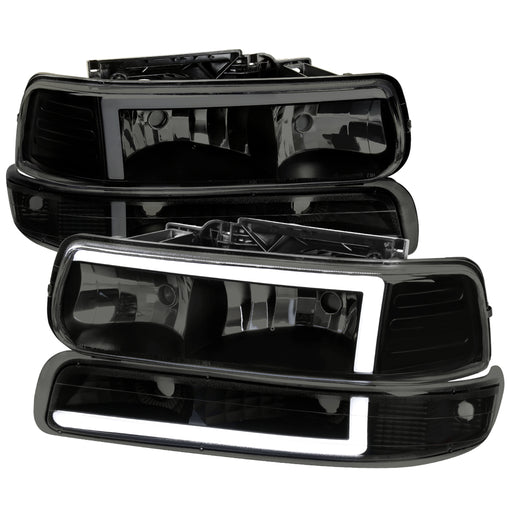 Spec-D 99-02 Chevrolet Silverado Matte Black Housing Smoked Lens With Led Bar LBLH-SIV99SM-G3-RS