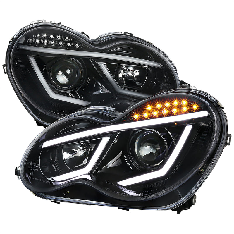 Spec-D 01-07 Mercedes C-Class Projector Headlights -Glossy Black For Factory Halogen Model LHP-BW20301BK-TM