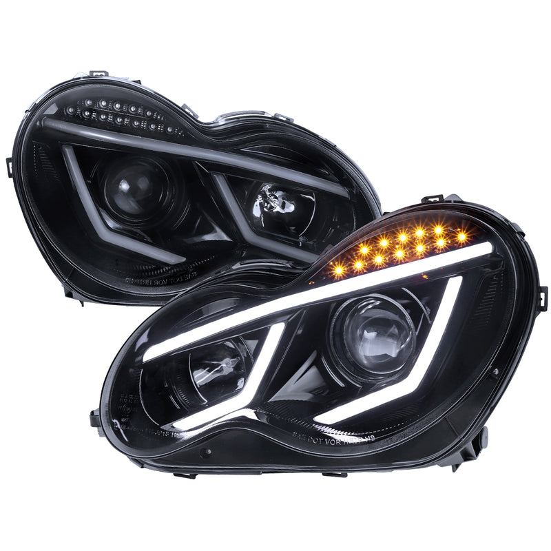 Spec-D 01-07 Mercedes C-Class Projector Headlights -Glossy Black Smoked For Factory Halogen Model LHP-BW20301G-TM