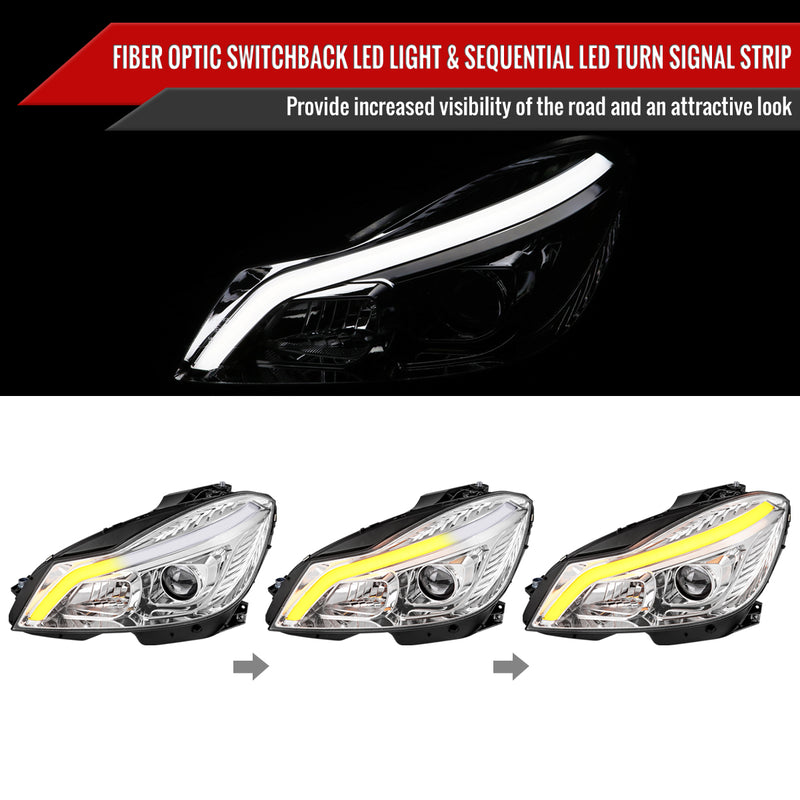 Spec-D 12-14 Mercedes Benz C-Class W204 2 Door Coupe 4 Door Sedan Halogen Projector Headlights With Sequential Switchback Turn Signal Chrome Housing Clear Lens LHP-BW20412-SQ-TM