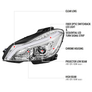 Spec-D 12-14 Mercedes Benz C-Class W204 2 Door Coupe 4 Door Sedan Halogen Projector Headlights With Sequential Switchback Turn Signal Chrome Housing Clear Lens LHP-BW20412-SQ-TM