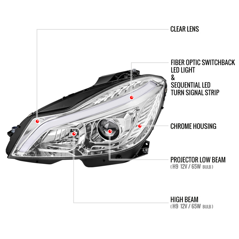 Spec-D 12-14 Mercedes Benz C-Class W204 2 Door Coupe 4 Door Sedan Halogen Projector Headlights With Sequential Switchback Turn Signal Chrome Housing Clear Lens LHP-BW20412-SQ-TM