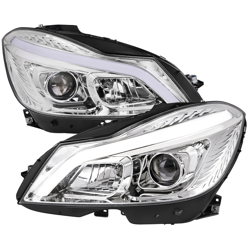 Spec-D 12-14 Mercedes Benz C-Class W204 2 Door Coupe 4 Door Sedan Halogen Projector Headlights With Sequential Switchback Turn Signal Chrome Housing Clear Lens LHP-BW20412-SQ-TM