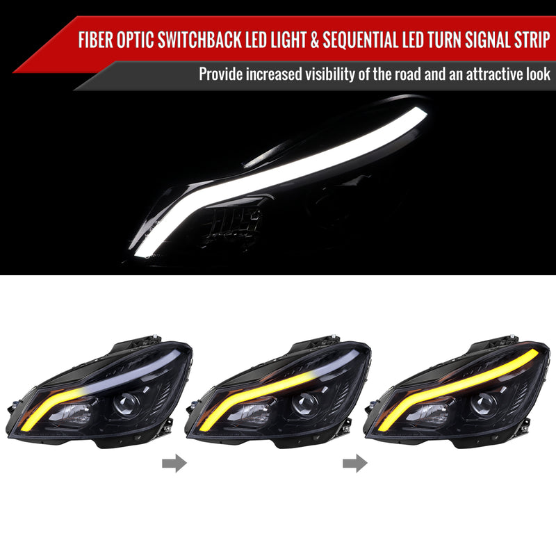 Spec-D 12-14 Mercedes Benz C-Class W204 2 Door Coupe 4 Door Sedan Halogen Projector Headlights With Sequential Switchback Turn Signal Matte Black Housing Smoked Lens LHP-BW20412G-SQ-TM