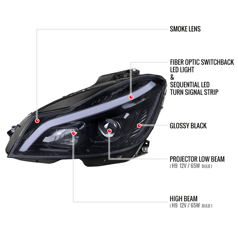 Spec-D 12-14 Mercedes Benz C-Class W204 2 Door Coupe 4 Door Sedan Halogen Projector Headlights With Sequential Switchback Turn Signal Matte Black Housing Smoked Lens LHP-BW20412G-SQ-TM