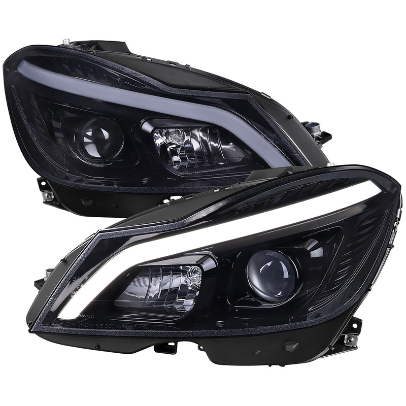 Spec-D 12-14 Mercedes Benz C-Class W204 2 Door Coupe 4 Door Sedan Halogen Projector Headlights With Sequential Switchback Turn Signal Matte Black Housing Smoked Lens LHP-BW20412G-SQ-TM