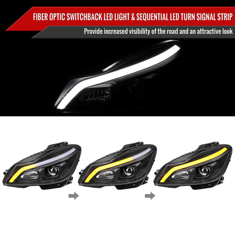 Spec-D 12-14 Mercedes Benz C-Class W204  2 Door Coupe 4 Door Sedan Halogen Projector Headlights With Sequential Switchback Turn Signal Matte Black Housing Clear Lens LHP-BW20412JM-SQ-TM