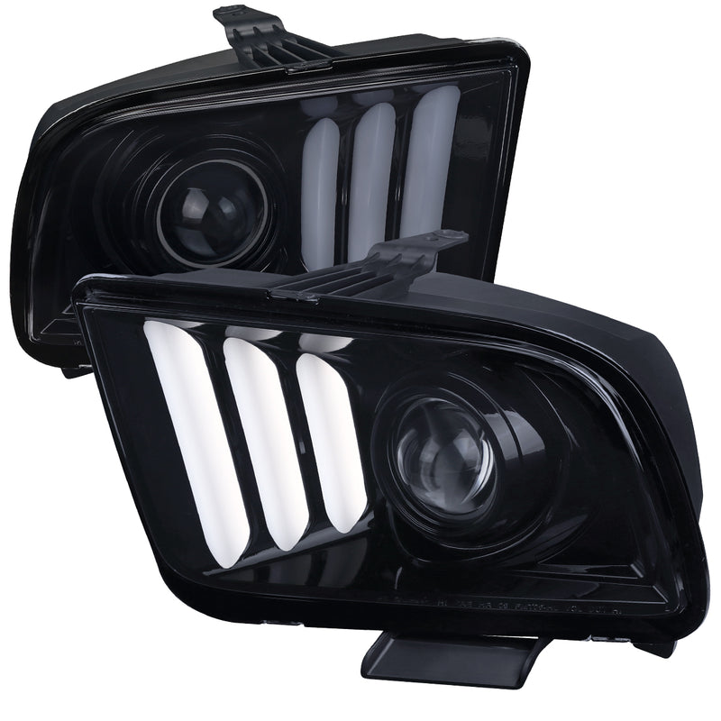 Spec-D 05-09 Ford  Mustang Light Bar Projector Headlights- Glossy Black Housing Light Smoke Lens LHP-MST05G-G2-TM