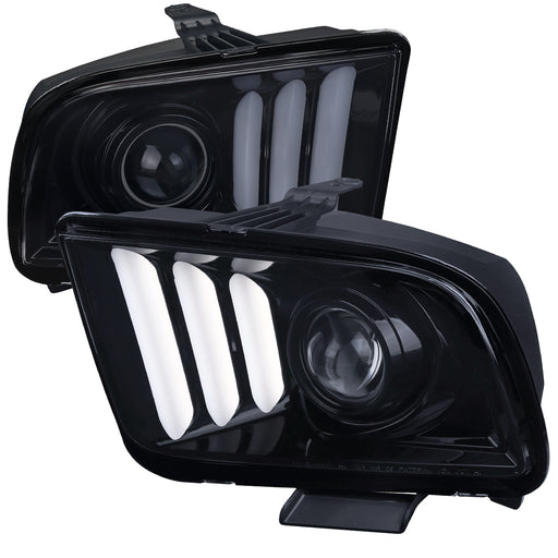 Spec-D 05-09 Ford  Mustang Light Bar Projector Headlights- Glossy Black Housing Light Smoke Lens LHP-MST05G-G2-TM