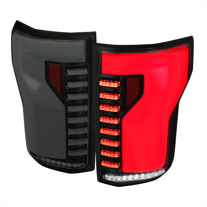 Spec-D 18-20 Ford F150 Full Led Tail Light With Matte Black Housing Smoked Lens Red Led Bar - Sequential Turn Signal Breathing Light Effect LT-F15018BBLED-SQ-RS
