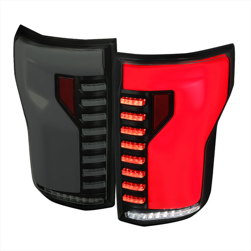Spec-D 18-20 Ford F150 Full Led Tail Light With Matte Black Housing Smoked Lens Red Led Bar - Sequential Turn Signal Breathing Light Effect LT-F15018BBLED-SQ-RS