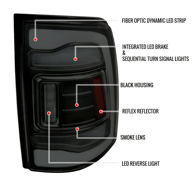 Spec-D 13-18 Dodge Ram 1500 2500 3500 Led Tail Lights Black Housing Smoked Lens White Led With Sequential Turn Signal LT-RAM13BBLED-SQ-RS