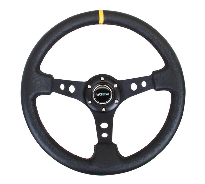 NRG Steering Wheel 350mm (3" Deep) Black Spoke w/ Black Leather / Yellow Stripe